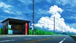  bench blue_sky bus_stop cloud commentary_request highres lamppost mountain no_humans original osho_(pixiv2179) outdoors power_lines road road_sign sign sky utility_pole vending_machine 