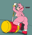  absurd_res amy_rose anthro batartcave big_butt breasts butt clothing dialogue eulipotyphlan female footwear hair hammer hedgehog hi_res mammal pink_body pink_hair sega shoes solo sonic_the_hedgehog_(series) tools 