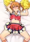  armpits arms_up bangs black_eyes blush breasts cheerleader collarbone commentary_request gojarun hair_between_eyes hair_ribbon highres idolmaster idolmaster_cinderella_girls idolmaster_cinderella_girls_starlight_stage looking_at_viewer lying medium_hair midriff miniskirt multicolored_clothes navel on_bed open_mouth orange_hair pleated_skirt pom_pom_(cheerleading) print_shirt red_skirt red_tank_top ribbon shirt shorts shorts_under_skirt signature skirt small_breasts socks solo spread_legs tank_top twintails yuuki_haru 