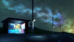  bench bus_stop commentary_request highres lamppost light mountain night night_sky no_humans original osho_(pixiv2179) outdoors power_lines road road_sign sign sky utility_pole vending_machine 