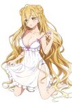 1girl absurdres bare_shoulders breasts cleavage collarbone date_a_live dress dyantocialong frilled_dress frills high-waist_dress highres hoshimiya_mukuro large_breasts long_hair looking_at_viewer ribbon sleeveless white_dress 