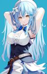  1girl absurdres ahoge armpits arms_behind_head arms_up bangs bare_arms blue_background blue_bow blue_bowtie blue_hair bow bowtie breasts cleavage cleavage_cutout clothing_cutout corset elf eyebrows_visible_through_hair flower hair_between_eyes hair_flower hair_ornament hands_in_hair highres hololive large_breasts long_hair looking_at_viewer multicolored_hair parted_lips pension_z pointy_ears shirt sleeveless sleeveless_shirt solo streaked_hair very_long_hair virtual_youtuber white_headwear white_shirt yellow_eyes yukihana_lamy 