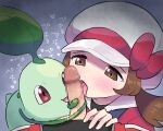  1boy 1girl bestiality blue_background blush bow brown_eyes brown_hair cabbie_hat censored chikorita commentary erection fellatio gradient gradient_background half-closed_eyes hand_up hat hat_bow heart hetero highres leaf light_blush lyra_(pokemon) medium_hair mosaic_censoring motion_lines multiple_fellatio open_mouth oral penis plant pokemon pokemon_(creature) pokemon_(game) pokemon_frlg pokemon_hgss pov pumpkinpan red_(pokemon) red_bow red_eyes red_shirt shiny shiny_hair shirt sidelocks simple_background tongue tongue_out translation_request twintails upper_body veins veiny_penis vines white_headwear 