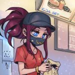  1girl akali bag bangs black_mask blue_eyes bracelet breasts burger collarbone food french_fries heart holding holding_bag jewelry k/da_(league_of_legends) league_of_legends long_hair mask mcdonald&#039;s monochrome mouth_mask parted_bangs phantom_ix_row ponytail red_hair red_shirt shiny shiny_hair shirt short_sleeves small_breasts solo upper_body 