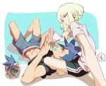  830_(hamio) abs adjusting_hair androgynous black_shirt blue_background blue_eyes blue_hair border earrings eating feet food food_in_mouth foreshortening galo_thymos green_hair jewelry lio_fotia lying male_focus mohawk on_back on_lap popsicle promare reading shirt short_hair shorts sidecut single_earring smoke spiked_hair white_border white_shirt yaoi 