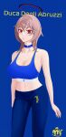  1girl absurdres alternate_costume azur_lane bangs blue_background blue_bra blue_choker blue_pants bra breasts character_name choker cleavage closed_mouth collarbone duca_degli_abruzzi_(azur_lane) eyebrows_visible_through_hair feet_out_of_frame halo highres lips looking_at_viewer medium_breasts medium_hair navel pants pink_hair red_eyes ribra21 smile solo sports_bra standing underwear yoga_pants 