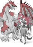  1girl armor breasts breathing_fire cleavage crossed_arms crown dragalia_lost dragon dragon_girl dragon_tail fire full_body fur_trim high_heels highres horns long_hair monster_hunter_(series) mym_(dragalia_lost) nikukaiq open_mouth partially_colored rathalos red_hair tail thighhighs 