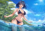  1girl :d absurdres artist_name bikini bird black_bikini black_nails blue_eyes blue_sky breasts cawfield cleavage cloud day floating_hair hair_intakes halterneck head_chain highres hip_focus hololive hololive_english large_breasts looking_at_viewer navel open_mouth ouro_kronii palm_tree partially_submerged short_hair side-tie_bikini sky smile solo spanish_commentary strap_gap string_bikini sunlight swimsuit tree virtual_youtuber wading water_drop 