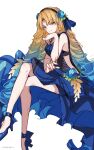  1girl astraea_(fate) bangs bare_shoulders blonde_hair blue_dress blue_hair blue_ribbon breasts carimarica cleavage dress drill_hair fate/grand_order fate_(series) flower gradient_hair hair_flower hair_ornament hair_ribbon highres large_breasts long_hair looking_at_viewer multicolored_hair parted_bangs quad_drills ribbon very_long_hair yellow_eyes 