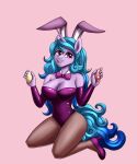  5_fingers anthro anthrofied blue_hair blue_tail breasts easter_egg egg equid equine fake_ears fake_rabbit_ears fingers hair hasbro hi_res horn izzy_moonbow_(mlp) long_hair mammal mlp_g5 my_little_pony pink_background purple_body purple_eyes simple_background solo unicorn wide_hips zachc 