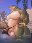  absurd_res anthro balls clothed clothing crocodile crocodilian crocodylid erection erection_under_clothing genitals hi_res male maxydont nipple_piercing nipples outside pecs penis piercing plant reptile scalie solo tree water 