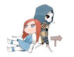  2girls android apex_legends ash_(titanfall_2) ashleigh_reid black_sclera blue_dress blue_eyes blue_footwear boots chibi colored_sclera dress dual_persona hood hood_up looking_back multiple_girls nagoooon_114 orange_hair pantyhose pout signpost simulacrum_(titanfall) translation_request v-shaped_eyebrows walking white_legwear 