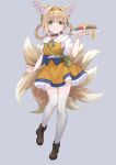  1girl absurdres animal_ear_fluff animal_ears arknights bangs black_choker blonde_hair blue_ribbon boots braid brown_footwear brown_hairband choker closed_mouth collarbone collared_shirt commentary_request dress eyebrows_visible_through_hair food fox_ears fox_girl fox_tail full_body green_eyes grey_background hair_between_eyes hair_rings hairband hand_up highres holding holding_plate hongbaise_raw kyuubi multiple_tails neck_ribbon orange_dress plate puffy_short_sleeves puffy_sleeves ribbon shirt short_sleeves simple_background sleeveless sleeveless_dress smile solo standing standing_on_one_leg suzuran_(arknights) tail thighhighs thighhighs_under_boots twin_braids white_legwear white_shirt 