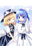 2girls absurdres angel_wings black_headwear black_sash black_skirt black_vest blonde_hair blue_eyes blue_headwear bow breasts buttons collared_vest commentary_request dress feathered_wings fedora hair_bow hand_in_own_hair happy hat hat_bow highres mai_(touhou) multiple_girls one_eye_closed open_mouth ougi_maimai sash short_hair short_sleeves skirt small_breasts touhou touhou_(pc-98) vest white_bow white_dress white_sash white_wings wings yellow_eyes yuki_(touhou) 