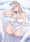  1girl absurdres anchor_necklace blue_eyes braid breasts bridal_veil dress feather_hair_ornament feathers french_braid gloves hair_ornament high_heels highres hiroshi_(2443303124) jewelry large_breasts lexington_(warship_girls_r) long_hair panties platinum_blonde_hair ring smile solo spread_legs thighhighs underwear veil warship_girls_r wedding_band wedding_dress white_dress white_footwear white_gloves white_legwear white_panties 