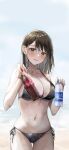  1girl bangs beach bikini black_bikini blush bottle breasts brown_eyes brown_hair coca-cola collarbone cowboy_shot drink hands_up highres holding holding_bottle incoming_drink large_breasts medium_hair mole_on_body navel open_mouth original pocari_sweat rouka_(akatyann) side-tie_bikini smile solo stomach strap_gap swimsuit thigh_gap water water_drop wet 