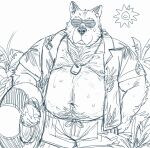  2022 anthro belly big_belly biped bodily_fluids bottomwear canid canine canis clothed clothing domestic_dog eyewear glasses hi_res huynhduyad14 kemono male mammal moobs navel nipples open_clothing open_shirt open_topwear overweight overweight_male shirt shorts solo sun sweat topwear 