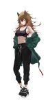  1girl absurdres alternate_costume animal_ears arknights bangs black_choker black_pants black_sports_bra breasts brown_eyes brown_hair casual choker cleavage closed_mouth drawstring expressionless full_body green_jacket hair_between_eyes hands_on_hips highres jacket large_breasts lion_ears lion_girl long_hair looking_at_viewer midriff navel off_shoulder pants pat_bharasarn shoes siege_(arknights) sneakers socks solo sports_bra stomach tachi-e track_pants 