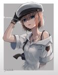  1girl artist_name bangs black_gloves blue_eyes brown_hair cigarette cigarette_holder collarbone eyebrows_visible_through_hair gloves gun hand_on_headwear hat highres holding holding_weapon jewelry junshiki looking_at_viewer military military_hat military_uniform necklace open_mouth original parted_lips revolver short_hair simple_background smoking solo uniform upper_body weapon white_headwear 
