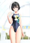  1girl absurdres ahoge black_eyes black_hair black_swimsuit blurry blurry_background breasts commentary_request competition_swimsuit covered_navel cowboy_shot floral_print girls_und_panzer highres indoors isuzu_hana long_hair medium_breasts one-piece_swimsuit solo string_of_flags swimsuit takafumi thigh_gap updo 