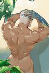  1boy aegir_(housamo) aqua_hair ass bara bathing beard commentary_request completely_nude dark-skinned_male dark_skin facial_hair from_above from_behind hands_on_own_head hinokumo_f leaf male_focus mature_male multicolored_hair muscular muscular_male nude short_hair solo streaked_hair tokyo_afterschool_summoners wading wet white_hair 