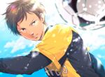  1boy ao_ashi asari_marchs_jun ball blurry blurry_foreground brown_eyes brown_hair cloud day ika_choco looking_at_viewer outdoors soccer_ball soccer_uniform solo sportswear upper_body 