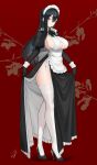  1girl alternate_costume apron bangs black_dress black_footwear black_gloves black_hair breasts classy-black-haired_girl_(hayabusa) closed_mouth clothing_cutout dress elbow_gloves enmaided frills from_side full_body gloves hair_between_eyes hayabusa high_heels highres large_breasts long_hair looking_at_viewer maid maid_apron maid_headdress mole mole_under_mouth original purple_eyes red_background side_slit signature skirt_hold smile solo standing thighhighs thighs underboob_cutout white_legwear 