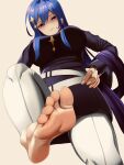  1girl absurdres bangs barefoot belt blue_hair blush breasts closed_mouth commentary commission eyebrows_visible_through_hair feet foot_focus from_below hair_ornament hairclip hand_on_hip highres long_hair looking_at_viewer maha_(ansatsu_kizoku) medium_breasts nuchitarou pants pixiv_request purple_eyes purple_sweater sekai_saikou_no_ansatsusha_isekai_kizoku_ni_tensei_suru simple_background smirk soles solo standing standing_on_one_leg sweater toes turtleneck turtleneck_sweater white_belt white_pants 