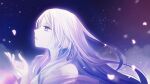  annerica colored_skin from_side glowing gradient_hair hand_up highres long_hair multicolored_hair onmyoji outstretched_hand parted_lips petals profile purple_eyes purple_theme reaching semigoori_yuki_onna_(onmyoji) shawl sky white_hair yuki_onna_(onmyoji) 