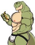  absurd_res anthro banana big_muscles big_pecs body_hair bulge chest_hair clothed clothing darknaigart dinosaur facial_hair food fruit green_body hand_in_underwear hi_res jace_(darknaig) jockstrap male muscular muscular_anthro muscular_male nipples pecs plant reptile scalie side_view simple_background solo theropod topless tyrannosaurid tyrannosaurus tyrannosaurus_rex underwear white_background 