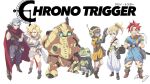  3girls armor ayla_(chrono_trigger) blonde_hair blue_eyes breasts cape chrono_trigger closed_mouth crazy02oekaki crono_(chrono_trigger) frog_(chrono_trigger) glasses gun helmet highres jewelry long_hair looking_at_viewer lucca_ashtear magus_(chrono_trigger) marle_(chrono_trigger) multiple_boys multiple_girls ponytail purple_hair red_hair robo_(chrono_trigger) robot scarf shield short_hair simple_background smile weapon white_background 