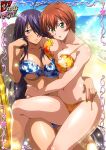  2girls antenna_hair bare_arms bare_legs beach bikini blue_bikini blue_sky blush bob_cut breast_press breasts brown_hair card_(medium) chinkyuu_koudai cleavage collarbone day embarrassed floral_print green_eyes grey_eyes groin hair_over_one_eye hand_on_another&#039;s_shoulder ikkitousen kan&#039;u_unchou long_hair looking_at_viewer medium_breasts multiple_girls navel ocean outdoors print_bikini purple_hair shiny shiny_hair short_hair side-tie_bikini sitting sky summer sunlight swimsuit torn_bikini underboob very_long_hair yellow_bikini 