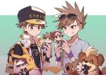  2boys backpack bag baseball_cap black_headwear black_shirt blue_oak brown_eyes brown_hair character_doll character_print commentary_request doll green_background grey_shirt grin growlithe hat headphones holding holding_doll holding_pokemon huan_li jacket jewelry label male_focus mouth_hold multiple_boys necklace pikachu pokemon pokemon_(creature) pokemon_(game) pokemon_frlg red_(pokemon) shirt short_hair smile spiked_hair t-shirt teeth wristband 