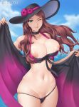  1girl areolae artist_name bikini bikini_pull breasts brown_hair bursting_breasts choker cleavage clothes_pull dorothea_arnault eerisyn fire_emblem fire_emblem:_three_houses fire_emblem_heroes green_eyes groin highres large_breasts long_hair looking_at_viewer navel nipples one_eye_closed pussy skindentation solo swimsuit uncensored 