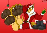  2018 absurd_res anthro artist_name barefoot beckoning bedroom_eyes brown_body brown_fur christmas christmas_clothing christmas_headwear clothing costume digital_media_(artwork) doritohead feet fingerless_gloves fingers foot_focus fur gesture gloves green_eyes handwear hat headgear headwear hi_res holidays joseph_carter kangaroo long_tail looking_at_viewer macropod male mammal marsupial mistletoe multicolored_body multicolored_fur muscular muscular_anthro muscular_male narrowed_eyes pawpads plant red_background santa_costume santa_hat seductive signature simple_background sitting smile solo tan_body tan_fur teeth toes two_tone_body two_tone_fur 