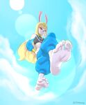  2022 5_toes absurd_res anthro blonde_hair cloudscape dragon_ball dragon_ball_heroes feet female foot_focus fur hair hi_res humanoid_feet lagomorph leporid mammal rabbit saria_(dragon_ball_heroes) sky soles solo staerk toes white_body white_fur 