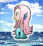  1girl amabie colored_skin copyright_request from_side hair_intakes long_hair ocean pink_hair pointy_ears scales sky smile solo sparkle tentacles thick_eyebrows toratora_(1972-08-30) very_long_hair water yellow_skin youkai 