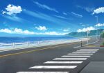  absurdres bird blue_sky bollard building cloud commentary_request crosswalk fence highres kiseki_(cblyc) lamppost mountain no_humans ocean original outdoors road road_sign scenery sign sky street water 