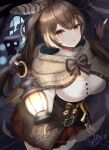  1girl :o bangs brown_capelet brown_cloak brown_corset brown_eyes brown_hair capelet cleavage_cutout cloak clothing_cutout corset dagger feather_hair_ornament feathers friend_(nanashi_mumei) hair_ornament hairclip hieroglyphics hololive hololive_english hydraexp knife lantern long_hair looking_at_viewer multicolored_hair nanashi_mumei ponytail red_skirt ribbon runes shadow shirt skirt stairs streaked_hair very_long_hair virtual_youtuber weapon white_shirt window 