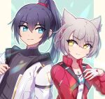  1boy 1girl animal_ears bangs black_hair blue_eyes breasts cat_ears chest_jewel collarbone enni hair_tie highres jacket long_hair mio_(xenoblade) noah_(xenoblade) ponytail red_jacket short_hair shoulder_strap simple_background small_breasts smile white_hair white_jacket xenoblade_chronicles_(series) xenoblade_chronicles_3 yellow_eyes 