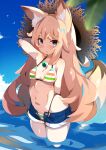  1girl animal_ear_fluff animal_ears arm_behind_back arm_behind_head arm_up bikini bikini_under_clothes blonde_hair blue_eyes blush breasts cleavage cloud covered_nipples fox_ears fox_girl fox_tail hat highleg highleg_bikini highres long_hair navel no_shirt open_clothes open_shorts original outdoors short_sleeves shorts sky small_breasts solo striped striped_bikini sun_hat swimsuit tail thighs unbuttoned unbuttoned_shorts unzipped very_long_hair wading water zamudelin 