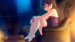  1girl :d bangs bare_arms bare_legs barefoot black_dress black_hair blurry blurry_foreground brown_eyes dress eyebrows_visible_through_hair from_side game_cg hair_between_eyes hair_ribbon hyakki_ryouran_no_yakata indoors long_hair looking_at_viewer m&amp;m mikado_ririka night red_ribbon ribbon short_dress sitting sleeveless sleeveless_dress smile solo twintails very_long_hair wrist_ribbon 