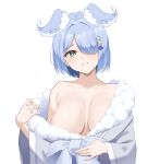  1girl absurdres bangs blue_eyes blue_hair breasts breasts_apart cross_hair_ornament elira_pendora fur-trimmed_robe grey_rose hair_ornament hair_over_one_eye head_wings highres large_breasts long_sleeves looking_at_viewer new_sankin_nyu nijisanji no_bra off_shoulder parted_lips short_hair simple_background smile solo upper_body virtual_youtuber white_background wide_sleeves 