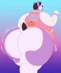  anthro asher_heart big_butt black_hair bottomless bubble_butt butt canid canine canis clothed clothing domestic_dog fur hair hi_res huge_butt hyper hyper_butt jacket letterman_jacket male mammal megacoolbear_(artist) overweight overweight_anthro overweight_male pink_clothing pink_jacket pink_topwear purple_body purple_fur rear_view solo thick_thighs topwear 