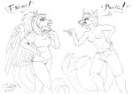  alirfesta_felastis anthro arguing bottomwear breasts clothed clothing cute_expression duo duo_focus equid equine equis_universe female female/female genitals group horse humor ki&#039;rinaes mammal muscular muscular_anthro muscular_female nipples pants pegasus pussy shirt sketch sunny_way sunny_way_(character) t-shirt thick_thighs topwear traditional_media_(artwork) vs wings 