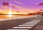  absurdres bird bollard building cloud commentary_request crosswalk fence gradient_sky highres kiseki_(cblyc) lamppost mountain no_humans ocean orange_sky original outdoors purple_sky road road_sign scenery sign sky street sunset twilight water 