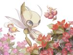  :d celebi commentary_request cutiefly flabebe flabebe_(red) flower happy highres natsuha770 no_humans open_mouth pokemon pokemon_(creature) purple_flower red_flower smile tongue twitter_username watermark white_background 