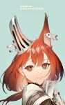  1girl animal_ears aqua_background arknights bangs brown_eyes closed_mouth eyebrows_visible_through_hair flametail_(arknights) highres long_hair looking_at_viewer oxy_ho2 portrait red_hair simple_background smile solo squirrel_ears 