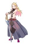  1girl ashuna_grisarika bare_arms bare_shoulders blonde_hair blue_eyes clothing_cutout cutout_below_navel full_body highres long_hair long_skirt mitsuya_ryo official_art planted planted_sword red_footwear shokei_shoujo_no_virgin_road skirt solo standing stomach_cutout sword weapon 