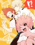  !? 1girl 2boys ashido_mina bakugou_katsuki black_sclera boku_no_hero_academia collared_shirt colored_sclera colored_skin green_pants horns kirishima_eijirou looking_at_viewer maneki-neko_(fujifuji) multiple_boys necktie one_eye_closed pants pink_hair pink_skin red_necktie school_uniform sharp_teeth shirt short_hair smile spoken_interrobang teeth u.a._school_uniform v white_shirt yellow_background yellow_eyes 